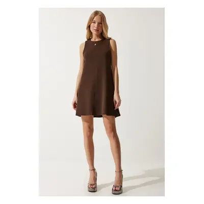 Happiness İstanbul Women's Brown Crew Neck Summer Woven Bell Dress