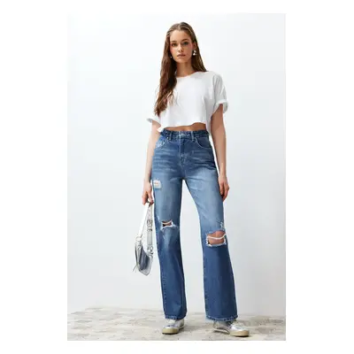 Trendyol Blue Ripped High Waist Wide Leg Jeans