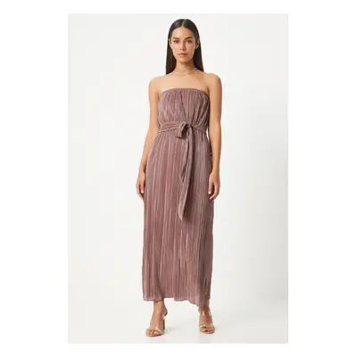 Happiness İstanbul Women's Mink Strapless Belted Pleated Dress