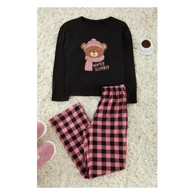 Trendyol Black 100% Cotton Teddy Bear Plaid Knitted Pajama Set