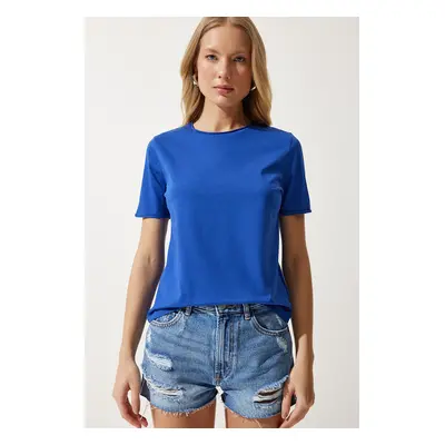 Happiness İstanbul Women's Blue Crew Neck Basic Knitted T-Shirt