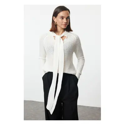 Trendyol Ecru Soft Texture Ribbon/Bow Loose Knit Sweater