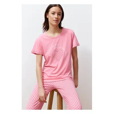 Trendyol Pink Slogan Printed Polka Dot Knitted Pajamas Set