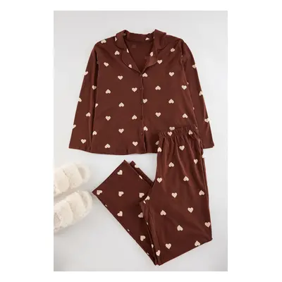 Trendyol Curve Brown Heart Shirt Collar Knitted Pajama Set