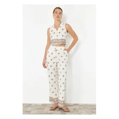 Trendyol Ecru Patterned Buttoned Linen Look Woven Blouse-Pants Set