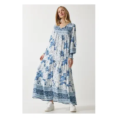 Happiness İstanbul Women's Sky Blue Patterned Oversize Long Viscose Dress