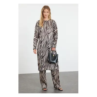 Trendyol Beige Crinkle Knitted Animal Zebra Patterned Long Tunic Top-Bottom Set