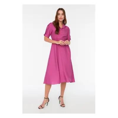 Trendyol Plum A-line Shirt Collar Guiped Midi Woven Dress