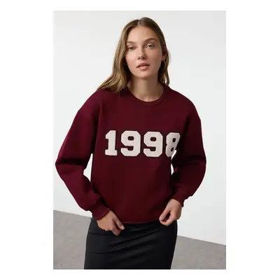 Trendyol Claret Red Thick Inside Fleece Regular/Normal Cut Slogan Embroidered Knitted Sweatshirt