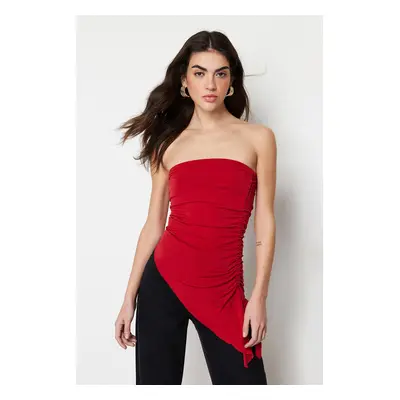 Trendyol Red Strapless Gathered Detailed Fitted/Sleeved Knitted Blouse