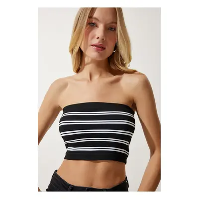 Happiness İstanbul Women's Black and White Strapless Ribbed Knitted Bustier