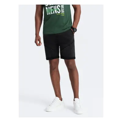 Ombre Turn-up men's denim short shorts with stitching - black