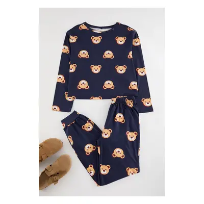 Trendyol Navy Blue 100% Cotton Teddy Bear Patterned Knitted Pajama Set