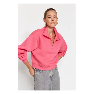 Trendyol Pink Relaxed Cut Crop Basic Zippered Stand Collar Thick Inside Fleece Knitted Sweatshir