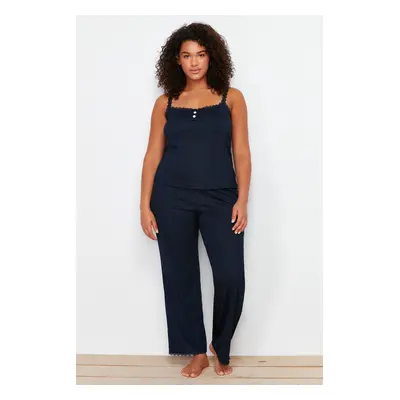 Trendyol Curve Navy Blue Ribbed Strap Knitted Pajamas Set