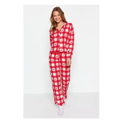 Trendyol Red Deer Pattern Plaid Shirt-Pants Knitted Pajamas Set