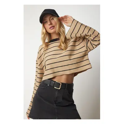 Happiness İstanbul Women's Biscuit Striped Oversize Crop Sweatshirt