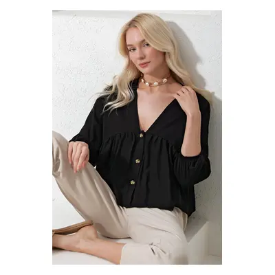 Trend Alaçatı Stili Women's Black V-Neck Button Detailed Gathered Woven Blouse