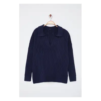 Trendyol Curve Navy Blue Ribbed Polo Neck Knitted Sweater