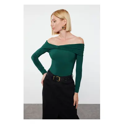 Trendyol Emerald Green Drape Detailed Fitted Long Sleeve Stretchy Knitted Blouse