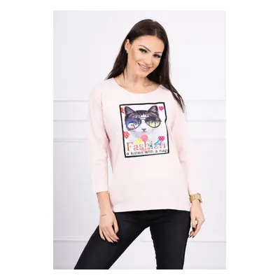 Blouse with cat graphics 3D powdered pinjk