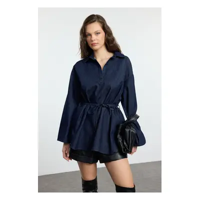 Trendyol Dark Blue Oversize Tie Denim Shirt