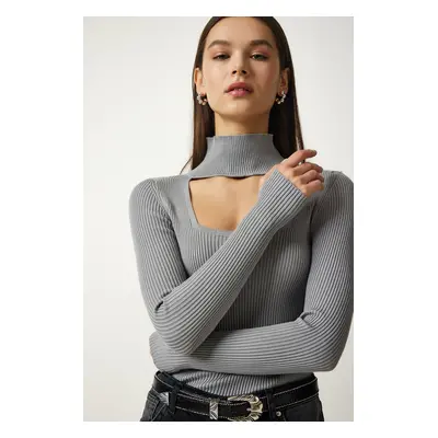 Happiness İstanbul Women's Stone Cut Out Detailed High Neck Ribbed Knitwear Sweater