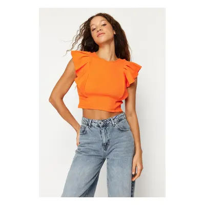 Trendyol Orange Sleeves Frilly Ribbed Stretchy Crew Neck Crop Knitted Blouse