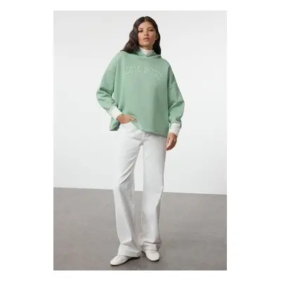 Trendyol Mint Thick Fleece Knitwear Hooded Knitted Sweatshirt with Tape Detail