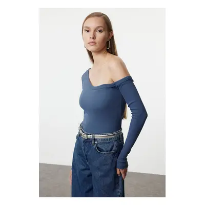 Trendyol Indigo Fitted Off Shoulder Corded Cotton Stretch Knitted Blouse