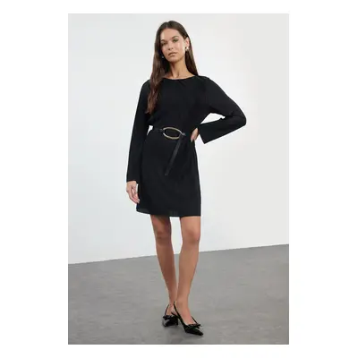 Trendyol Black Plain Pleated Lined Shift Mini Boat Neck Flexible Knit Dress