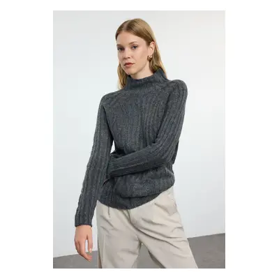 Trendyol Anthracite Soft Texture Knit Detailed Stand Collar Seamless Knitwear Sweater