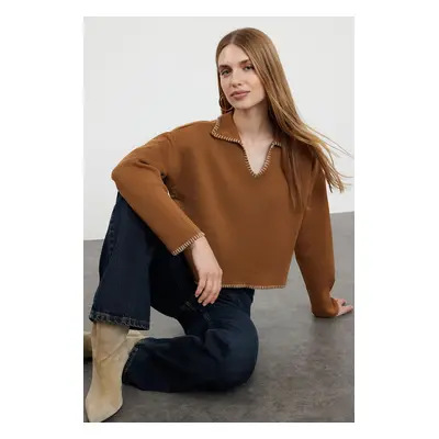 Trendyol Camel Polo Collar Cotton Wide Pattern Knitwear Sweater