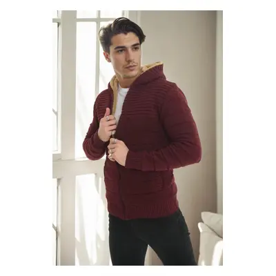 14455 Dewberry Furry Hooded Mens Sports Slim Fit Cardigan-BURGUNDY