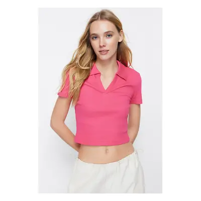 Trendyol Fuchsia Fitted Crop Polo Neck Ribbed Stretch Knitted Blouse