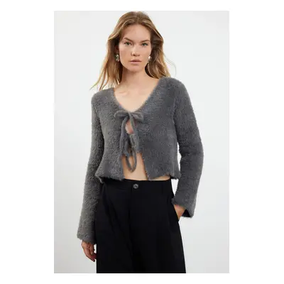 Trendyol Anthracite Crop Feather Tie Detailed Knitwear Cardigan