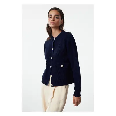 Trendyol Navy Blue Crew Neck Jacket-Look Knitwear Cardigan