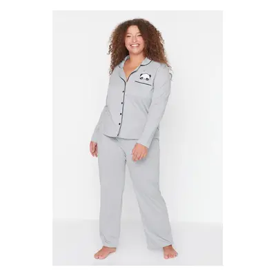 Trendyol Curve Gray Melange Shirt Collar Panda Printed Knitted Pajama Set