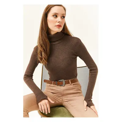 Olalook Women's Bitter Brown Turtleneck Finger Detailed Lycra Blouse