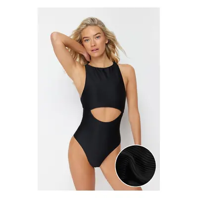 Trendyol Black Halter Neck Cut Out/Windowed Textured Regular Swimsuit