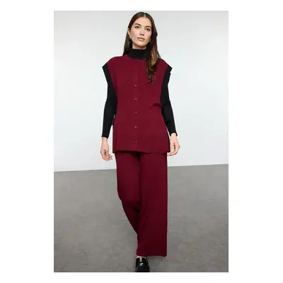 Trendyol Claret Red Color Block Slit Detailed Vest-Pants Knitwear Bottom-Top Set