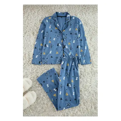 Trendyol Blue 100% Cotton Patterned Knitted Pajama Set