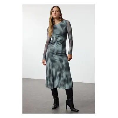 Trendyol Multicolored Abstract Midi Abstract Patterned Ruffle Hem Crew Neck Midi Knit Dress