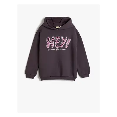 Koton Hooded Sweatshirt with Glitter Print Detail, Long Sleeve, Tiered