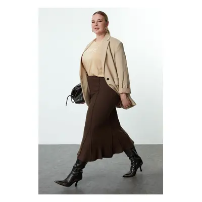 Trendyol Curve Dark Brown Knitted Plus Size Skirt