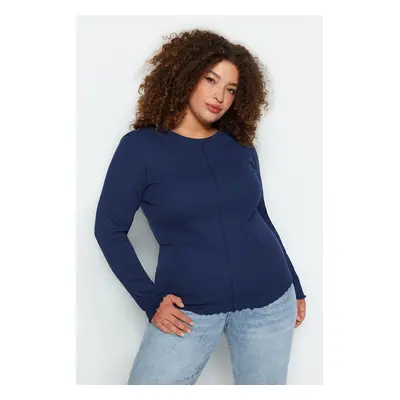 Trendyol Curve Navy Blue Crew Neck Corded Knitted Blouse