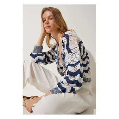 Happiness İstanbul Women's Cream Navy Blue Striped Openwork Seasonal Knitwear Cardigan