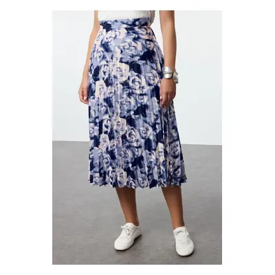 Trendyol Blue Woven Rose Patterned Pleated Skirt