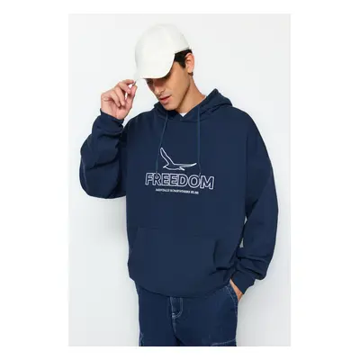 Trendyol Indigo Oversize/Wide Cut Hooded Mesh Embroidered Fleece Inside/Warm Sweatshirt