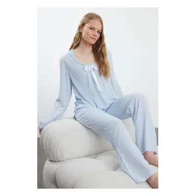 Trendyol Light Blue Striped Ruffle and Ribbon/Bow Detailed Woven Pajama Set